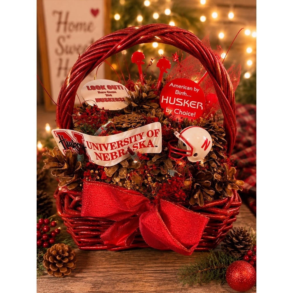 University of Nebraska Huskers Decorative Gift Basket Pinecone Centerpiece Red